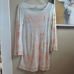Free People Cream and Pink Embroidered Dress